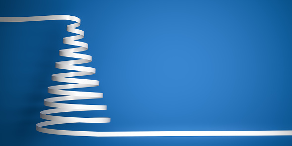 styled white ribbon serpentine christmas tree on blue background with copy space 3d illustration