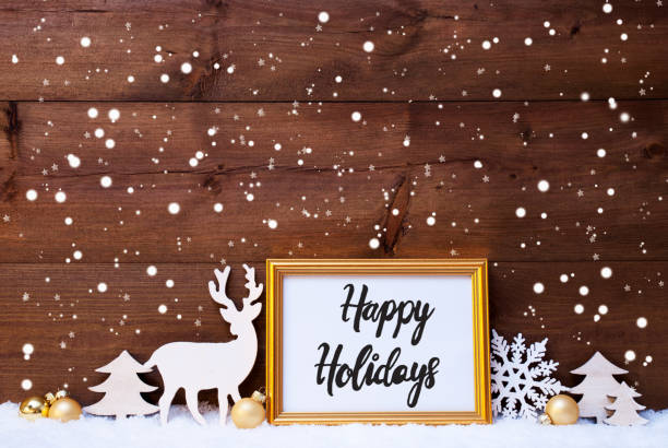 frame, golden ball, tree, snow, deer, calligraphy happy holidays - reindeer christmas decoration gold photography imagens e fotografias de stock