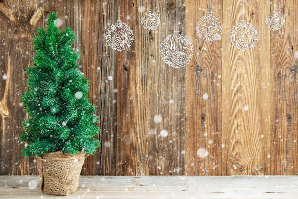 istock Christmas Tree, Ornament, Brown Wooden Background, Copy Space, Snow 1186044762