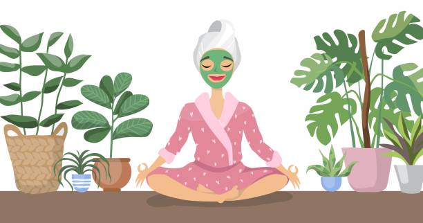 Beautiful young woman with facial mask on her face relax at home Beautiful young woman with facial mask on her face relax. Skin care and treatment, spa, natural beauty and cosmetology concept. relaxing at home facial mask woman stock illustrations