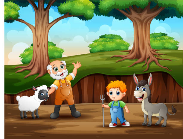 ilustrações, clipart, desenhos animados e ícones de o fazendeiro com seu animal na paisagem da floresta - forest woods hiking dirt road