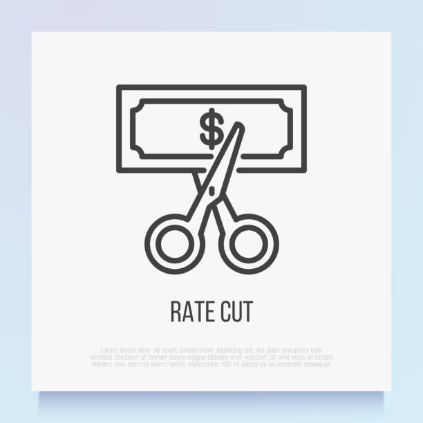 ilustrações de stock, clip art, desenhos animados e ícones de rate cut thin line icon: scissors cutting banknote with dollar sign. special offer. modern vector illustration. - cut price