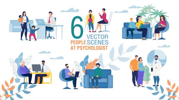 ilustrações de stock, clip art, desenhos animados e ícones de family psychologist work flat vector scenes set - mental health professional family couple psychiatrist