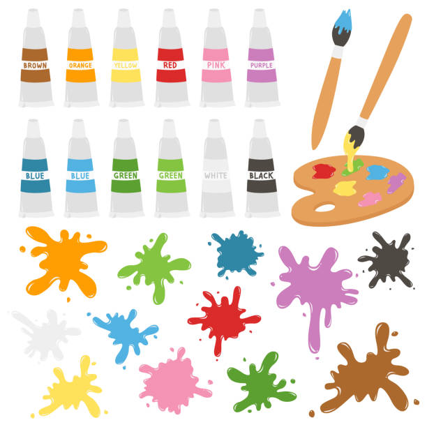 ilustrações, clipart, desenhos animados e ícones de tubos de pintura e tinta splatters vetor set - artists canvas creativity multi colored colors