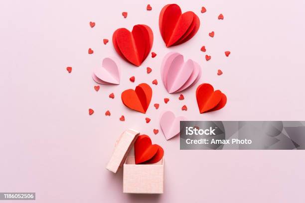 Valentine Day Composition With Gift Box And Red Hearts Photo Template On Pink Background Stock Photo - Download Image Now