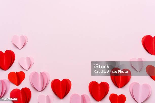 Valentines Day Background With Red Hearts On Pink Background Stock Photo - Download Image Now