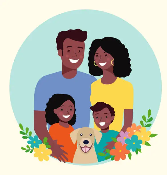 Vector illustration of Mother and father with children and dog. Happy afro american family. Vector flat style illustration