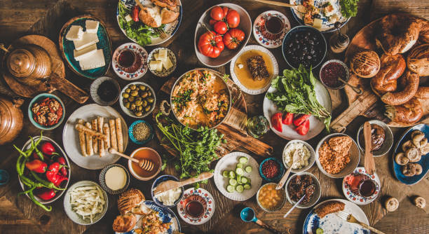 istock Flat-lay of traditional Turkish breakfast table with various snacks 1186052997