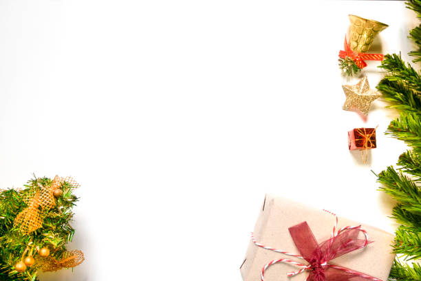 istock Christmas composition festive, decorations and xmas gift boxe on white background. Celebration for holiday concept Christmas, New Year, winter. Flat lay, top view with copy space 1186053870