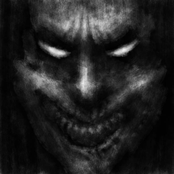 illustrations, cliparts, dessins animés et icônes de visage effrayant de clown avec la bouche ouverte. illustration noire et blanche. - clown evil horror spooky