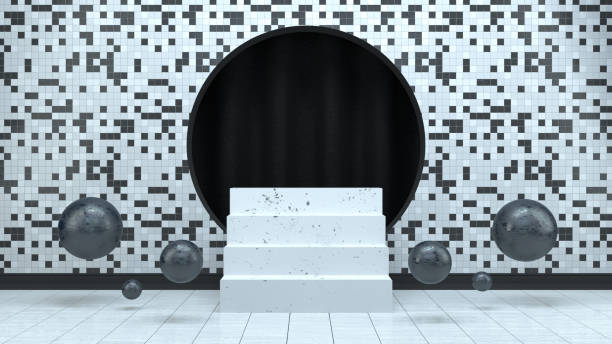 istock 3D Empty Staircase Product Stand, Platform, Abstract Minimal Concept, Black White Checked Pattern Background 1186058752