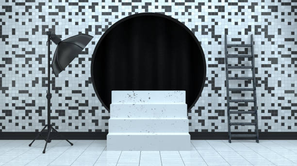 istock 3D Empty Staircase Product Stand, Platform, Abstract Minimal Concept, Black White Checked Pattern Background 1186060491