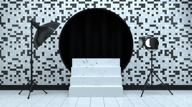 istock 3D Empty Staircase Product Stand, Platform, Abstract Minimal Concept, Black White Checked Pattern Background 1186060796