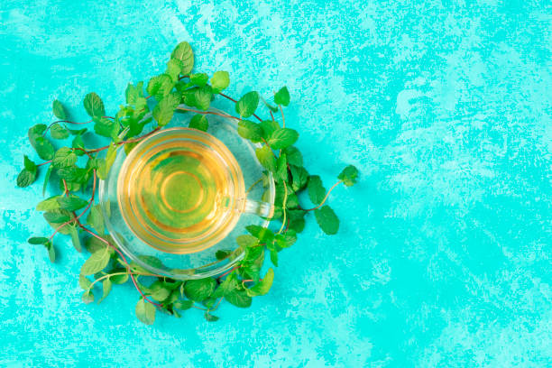 istock Mint tea cup, overhead shot on a turquoise background with fresh mint leaves and copy space 1186060921