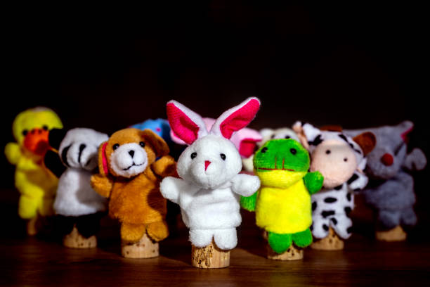 different animal finger puppets, concept figures for an educater on the preschool or kindergarten, copyspace - equimpent imagens e fotografias de stock