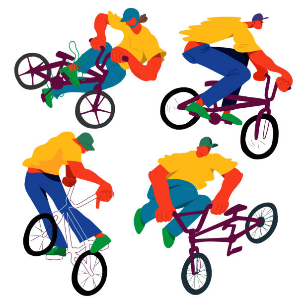 bmx에 남자는 트릭, 불균형 배음 플랫 벡터 일러스트 세트, 흰색 배경에 고립 과장 된 자전거 를 합니다. 캐릭터 사람들 현대 디자인. - bmx cycling bicycle street jumping stock illustrations