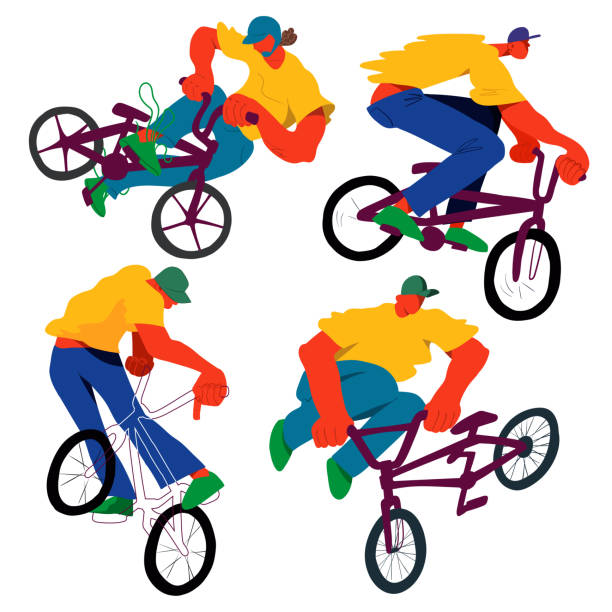 ilustrações de stock, clip art, desenhos animados e ícones de guy on bmx make trick, disproportionate overtone flat vector illustration set, isolated overexaggerated bicyclist on white background. character people modern design. - bmx cycling bicycle street jumping