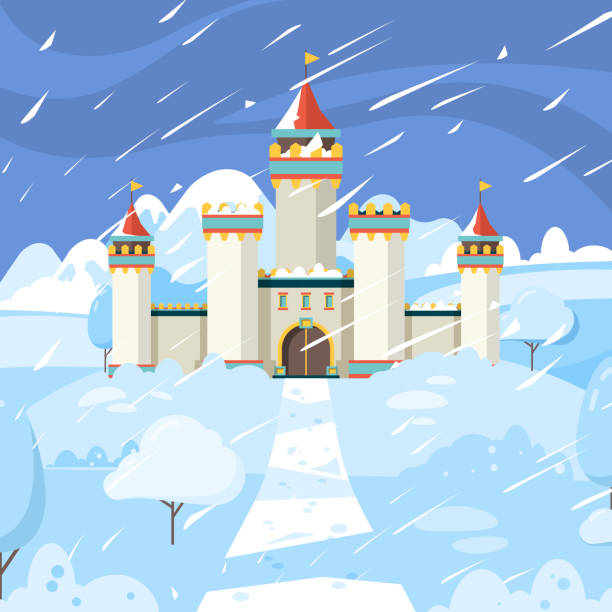 istock Winter castle. Fairytale frozen building kingdom medieval snow magic landscape vector background 1186063953