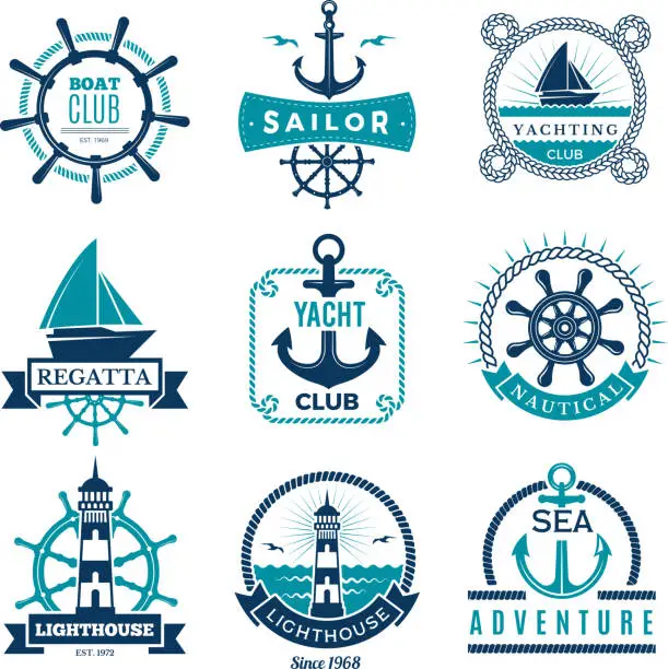 Vector illustration of Marine labels. Nautical logo sailing boats rope and marine knot framed vector badges