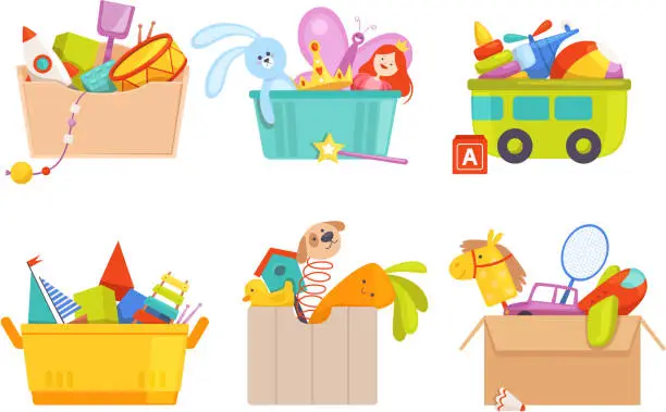 Vector illustration of Toys box. Children toy cars rocket soccer bear gifts for kids vector packages collection