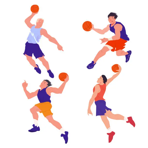 Vector illustration of Basketball players set. The basketball team. Peoples in dynamic pose. Cartoon flat vector illustration. Isolated objects.
