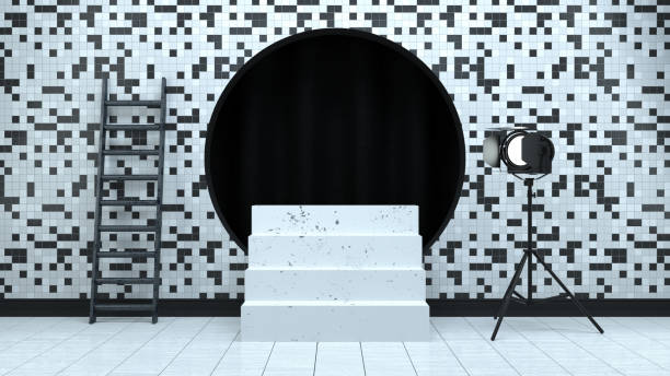 istock 3D Empty Staircase Product Stand, Platform, Abstract Minimal Concept, Black White Checked Pattern Background 1186067824