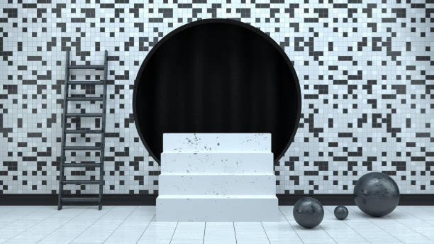 istock 3D Empty Staircase Product Stand, Platform, Abstract Minimal Concept, Black White Checked Pattern Background 1186068451