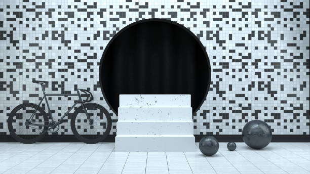 istock 3D Empty Staircase Product Stand, Platform, Abstract Minimal Concept, Black White Checked Pattern Background 1186068605