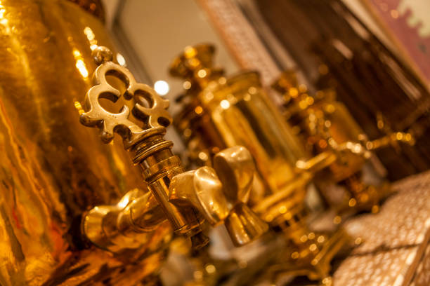 Brass samovar, traditionally used in the Middle East to heat water, often for tea, in a shop in Beirut, Lebanon