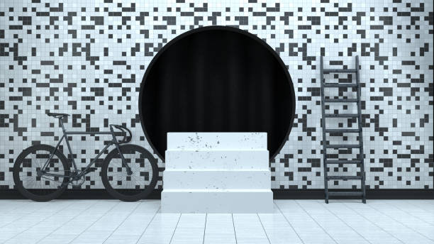 istock 3D Empty Staircase Product Stand, Platform, Abstract Minimal Concept, Black White Checked Pattern Background 1186068679