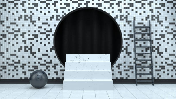 istock 3D Empty Staircase Product Stand, Platform, Abstract Minimal Concept, Black White Checked Pattern Background 1186068772