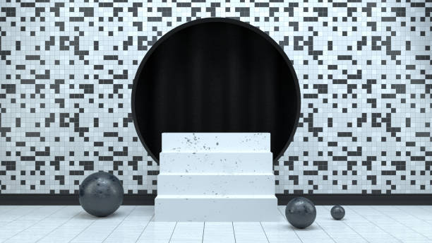 istock 3D Empty Staircase Product Stand, Platform, Abstract Minimal Concept, Black White Checked Pattern Background 1186068886