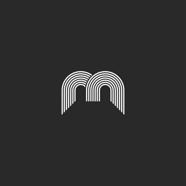 abstrakte buchstabe m logo monogramm parallel schwarz und weiß dünne linien emblem minimalen stil, zwei tunnel form - buchstabe m stock-grafiken, -clipart, -cartoons und -symbole
