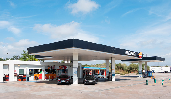Hospitalet Del Infant, Spain - September 22, 2019: View of a Repsol filling station in Hospitalet del Infant, Spain. Repsol is an important Spanish energy company based in Madrid