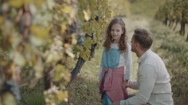 Smiling father and daughter in vineyard