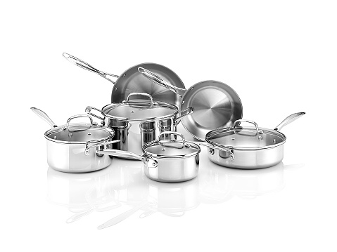 Pots and pans. Set of cooking stainless steel kitchen utensils and cookware