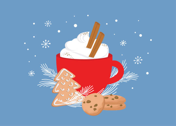 ilustrações, clipart, desenhos animados e ícones de cartão de natal, convite de inverno com xícara vermelha de bebida quente. cacau ou café decorado com paus de canela, biscoito de gengibre e galhos de abeto. fundo da ilustração - chocolate quente