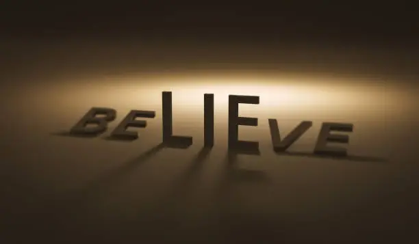 Photo of Believe concept of lie on dark background and belief. Lies or trust. Realistic 3D render.