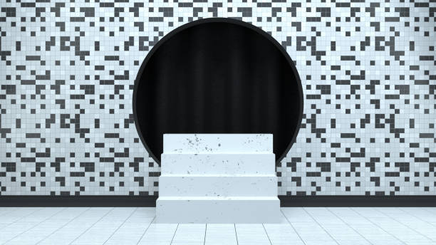 istock 3D Empty Staircase Product Stand, Platform, Abstract Minimal Concept, Black White Checked Pattern Background 1186076174
