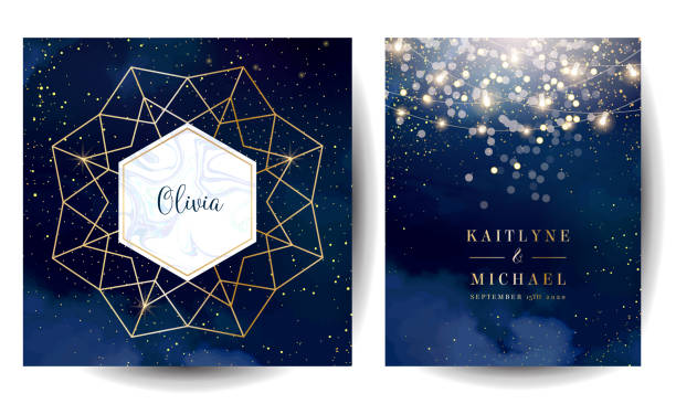 Magic night dark blue cards with sparkling glitter bokeh and line art. Magic night dark blue cards with sparkling glitter bokeh and line art. Diamond shaped vector wedding invitation. Gold confetti and navy background. Golden scattered dust.Fairytale magic star templates sky designs stock illustrations