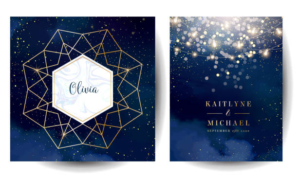Magic night dark blue cards with sparkling glitter bokeh and line art. Magic night dark blue cards with sparkling glitter bokeh and line art. Diamond shaped vector wedding invitation. Gold confetti and navy background. Golden scattered dust.Fairytale magic star templates streaky lights stock illustrations