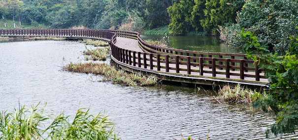 Wooden bridge over the lake.