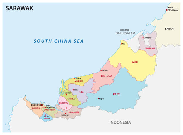 ilustrações de stock, clip art, desenhos animados e ícones de administrative and political map of the malayan division sarawak - sarawak state