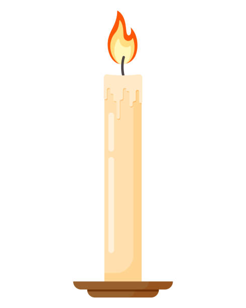 Burning Wax Candle Flat Style Vector Illustration Colorful burning candle in candlestick. Flat cartoon style vector illustration icon isolated on a white background. candle wax stock illustrations