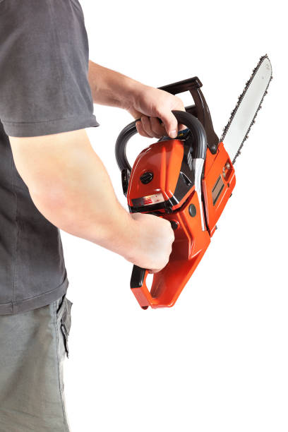 istock Chainsaw in a male hand isolated on a white background 1186077916