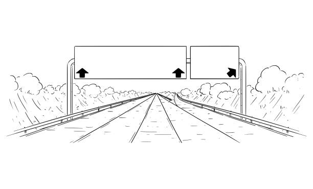 istock Vector Drawing Illustration of Highway Going Forward With Branching, Arrows and Empty Sign 1186077929