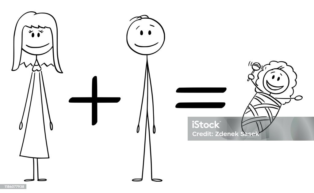 Vector Cartoon Illustration Of Conceptual Formula Of Woman Plus Man Equals  To Baby Stock Illustration - Download Image Now - iStock