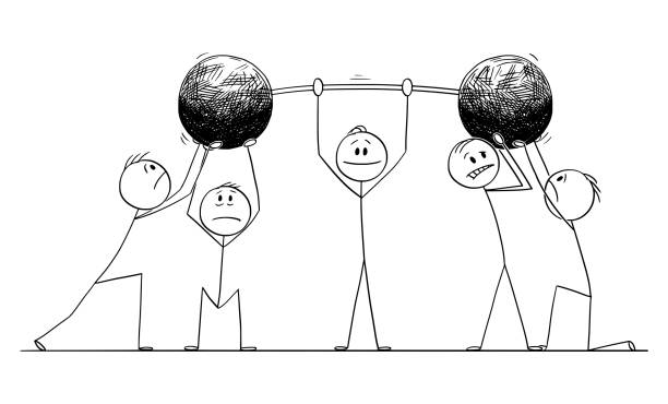 wektor cartoon ilustracja confident man lub biznesmen podnoszenia wagi ciężkiej, zespół lub koledzy pomagają mu - effort stock illustrations