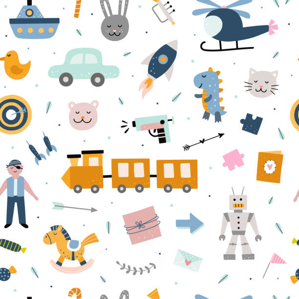 stockillustraties, clipart, cartoons en iconen met naadloos patroon met leuk speelgoed voor kinderen. vector achtergrond met kids elementen en illustraties - toys