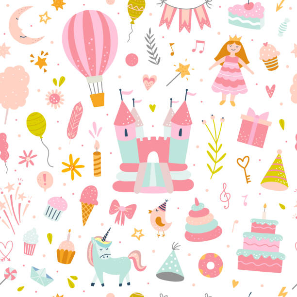 ilustrações de stock, clip art, desenhos animados e ícones de pink pattern for girls with funny toys and kids elements. vector seamless background with birthday cake, bouncy castle, princess and sweet food - child horse design symbol